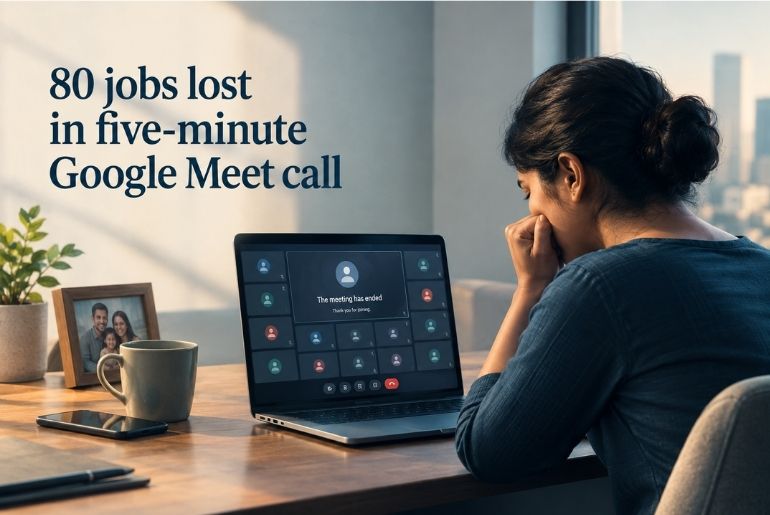 80 jobs lost suddenly in five-minute Google Meet call Fired over five-minute Google Meet C